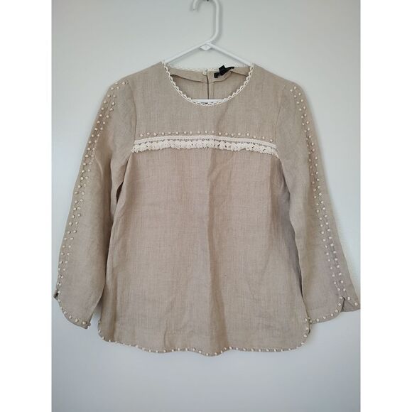 J. Crew Tops - J. Crew Blouse size 0P cream linen long sleeve crochet trim